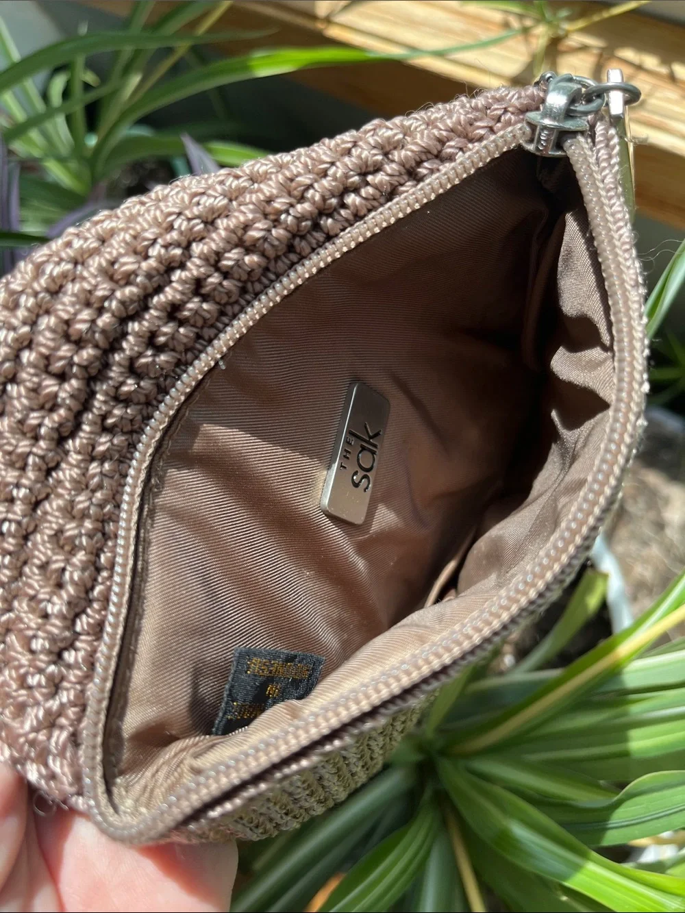 The SAK Taupe Crochet Zippered Cosmetic/Catch All Pouch/Bag Zip Closure
